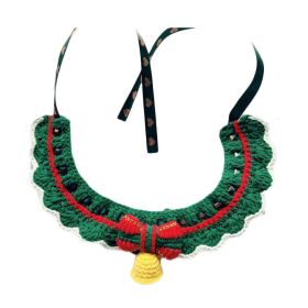 Green Red Handmade Crochet Cat Collar Cute Knitted Knotbow Dog Christmas Jingle Bell Necklace Pet Scarf Bib